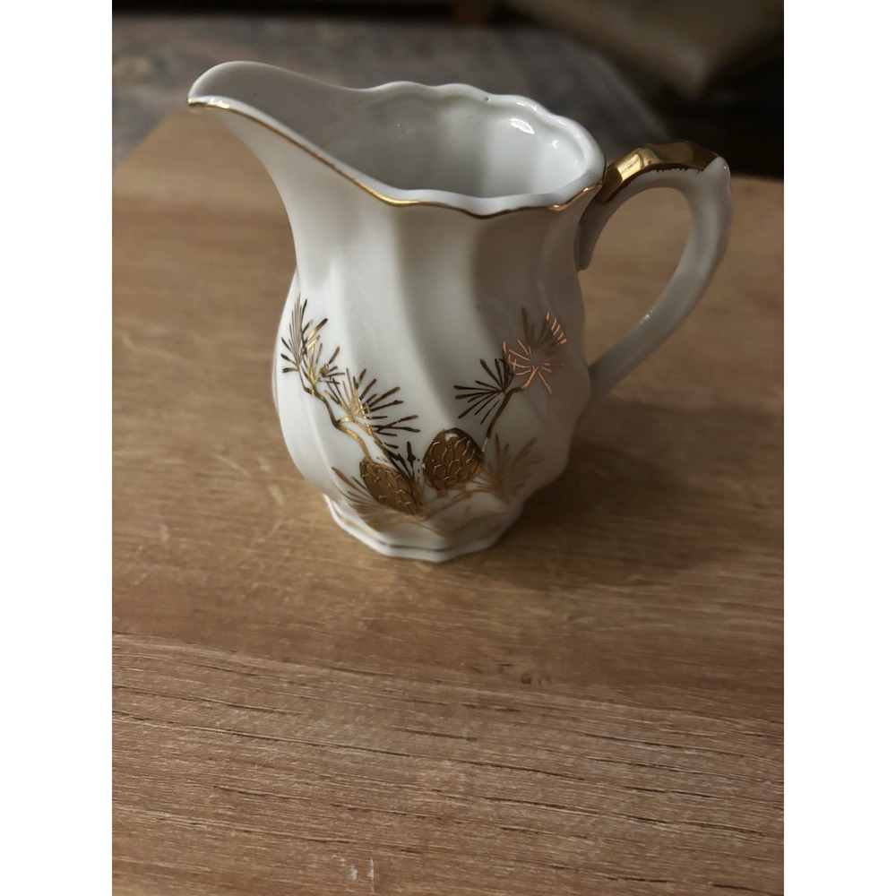 Japan Signed Porcelain Creamer Golden Pine Cone Detail Gold Trim